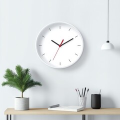 Poster - Minimalist Workspace Setup with a Clock, Plant, and Desk Accessories on a Bright Wooden Shelf