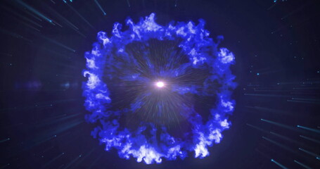 Wall Mural - image of light trails and spots over blue powder on black background