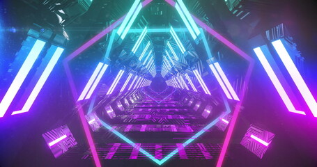 Wall Mural - image of glowing neon light tunnel moving over black background
