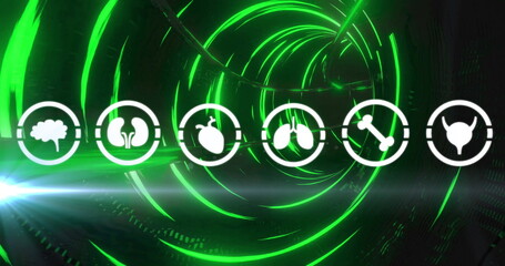 Wall Mural - image of medical icons and glowing neon light trails moving over black background