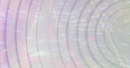 Wall Mural - image of glowing light trails moving over white circles background