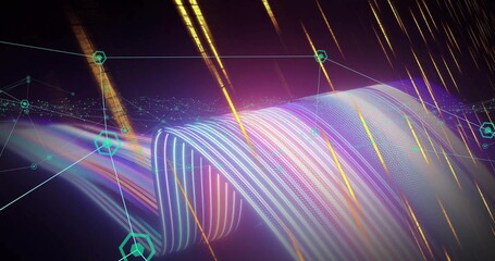 Wall Mural - image of glowing light trails and connections moving over black background