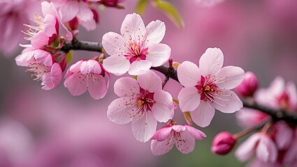 Wall Mural - Cherry blossom branch with pink flowers against a blurred pink background in a natural setting.