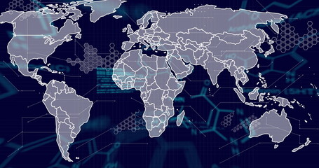 Wall Mural - Image of chemical formula and data processing over world map