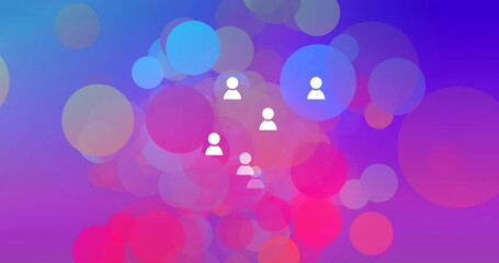 Wall Mural - image of glowing light spots moving and people icons over purple background
