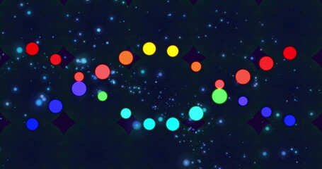 Wall Mural - image of glowing light trails and dna srtand moving over black background