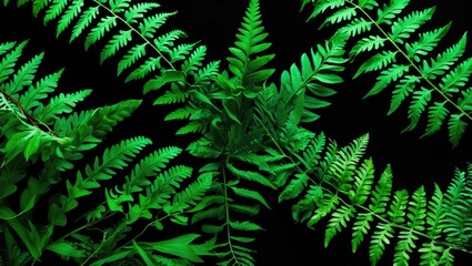 Wall Mural - Green ferns in various shades against a black background illustrating natural patterns and textures of foliage