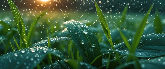 Wall Mural - close-up of green grass blades with water droplets and sunlight in the background during early morni