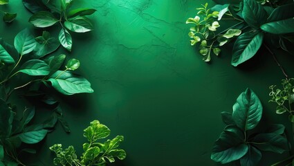 Wall Mural - Lush green leaves arranged on a textured green background creating a natural and fresh ambiance for design use