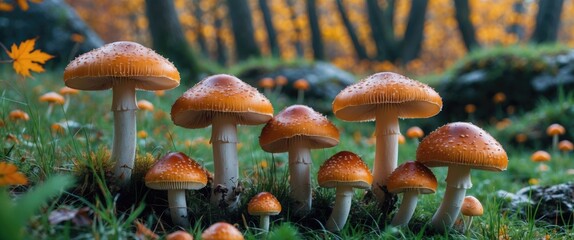 Wall Mural - group of orange mushrooms in a forest setting with autumn foliage and soft focus background on a gra