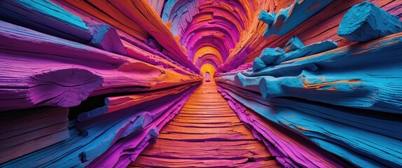 Wall Mural - colorful abstract corridor with vibrant purple, pink, and blue wooden textures creating a surreal en