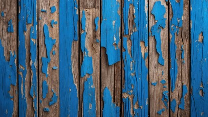 Wall Mural - Weathered wooden planks with chipped and peeling blue paint revealing the natural texture of the wood underneath