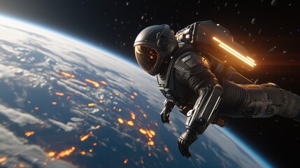 Wall Mural - Astronaut floating in space earth below digital art cosmic environment dynamic viewpoint exploration concept