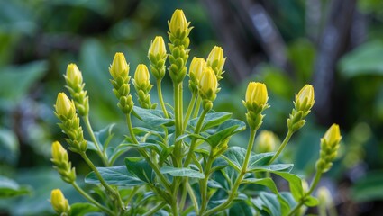 Wall Mural - Yellow flower buds on green foliage in a natural setting, showcasing the stages of blooming in a garden environment.