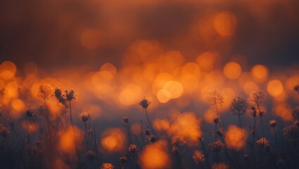 Wall Mural - soft focus floral landscape at sunset with warm orange bokeh lights and silhouetted flowers in foreground