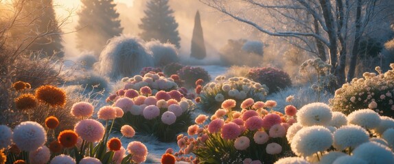 Wall Mural - Frosty flower garden with colorful blooms in misty surroundings at sunrise in winter season