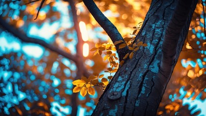 Wall Mural - close-up view of tree trunk with vibrant leaves and sunlight filtering through foliage in contrasting blue and orange tones