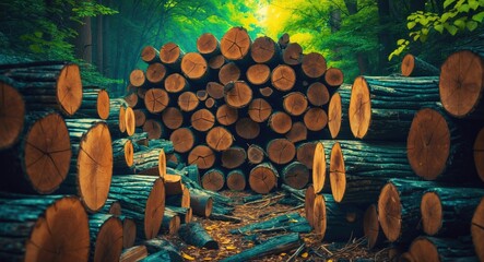 Wall Mural - wood logs stacked in a lush green forest with sunlight filtering through trees creating a serene atm