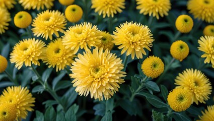 Wall Mural - Yellow chrysanthemum flowers in bloom with lush green foliage in background vibrant floral display close up shot