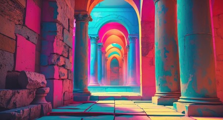 Wall Mural - colorful illuminated corridor with classical stone columns and arches in an abstract architectural e