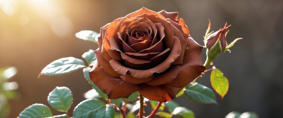 Wall Mural - Brown rose flower blooming with green leaves against soft sunlight background in a natural setting