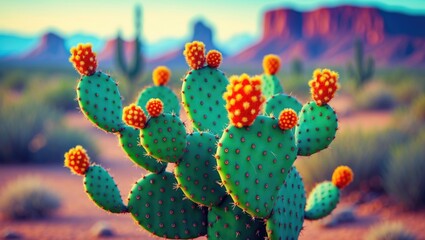 Wall Mural - Cactus with vibrant orange fruits in desert landscape with mountains and blue sky in background during sunset light