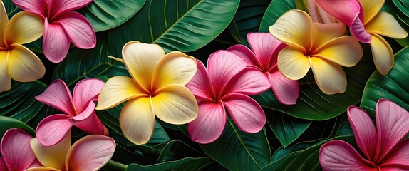 Wall Mural - Colorful plumeria flowers with green leaves in a tropical garden setting natural background foliage pattern