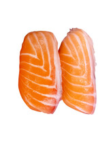 Wall Mural - Top view of Japanese fresh salmon sushi with Japanese rice, focus selective