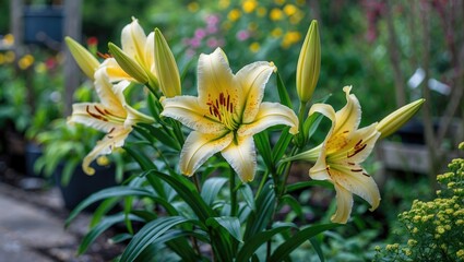 Wall Mural - Yellow lilies in a garden with green foliage blurred background and floral elements in soft focus, showcasing horticultural beauty and nature.