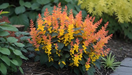 Wall Mural - Colorful flowering plant with orange and yellow foliage in a garden setting surrounded by green vegetation.