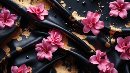 Leinwandbilder - Elegant black fabric adorned with pink flowers and gold accents, creating a luxurious and artistic aesthetic suitable for various designs.