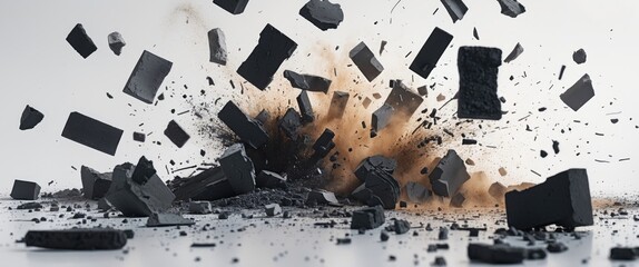 Leinwandbilder - Dynamic explosion of black chalk pieces with dust clouds on a white background illustrating movement and energy in a creative composition