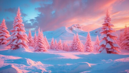 Wall Mural - Winter landscape featuring snow-covered trees in shades of pink and blue with mountains in the background during sunset.