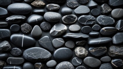 Leinwandbilder - various black pebbles and stones arranged closely together creating a textured and visually appealing background design