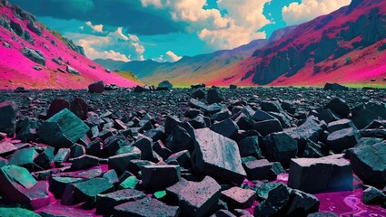 Poster - Vibrant Landscape of Black Stone Ballast Under Dramatic Colorful Skies and Mountains in a Surreal Natural Setting