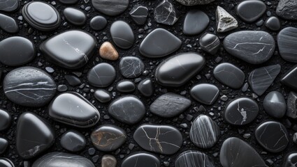 Fototapete - Smooth black pebbles textured background ideal for design elements or natural themes in modern aesthetics.