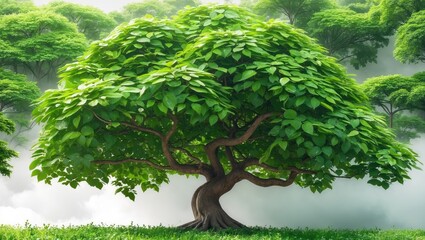 Wall Mural - large leafy tree in lush green forest with misty background and soft light illuminating the foliage.