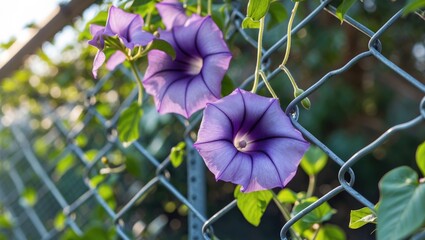 Wall Mural - Purple morning glory flowers growing on a chain link fence surrounded by green foliage in natural light.