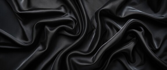 Aufkleber - Elegant black silk fabric draping softly creating rich textures and depth on a dark background ideal for sophisticated design themes.