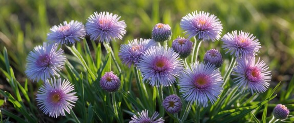 Wall Mural - Purple daisies blooming in green grass during daylight showcasing detailed petals and various flower stages in natural setting.