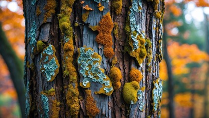 Wall Mural - close-up of a textured tree trunk covered in colorful moss and lichen with autumn foliage in the bac