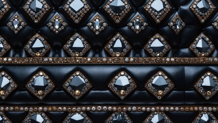 Leinwandbilder - Luxury black leather pattern adorned with diamonds and gemstones, ideal for high-end design and fashion backgrounds.