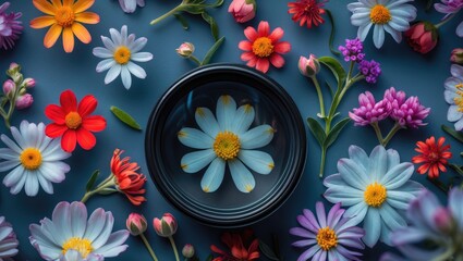 Wall Mural - Colorful arrangement of various flowers with a magnifying glass on a blue background showcasing floral diversity and detail.