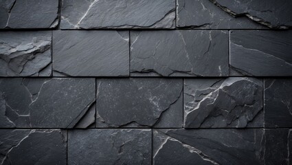 Fototapete - Textured black slate stone wall surface showcasing an array of natural patterns and tones ideal for backgrounds or design elements.