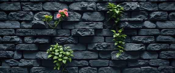 Aufkleber - Black Textured Brick Wall with Green Vines and Flowers Enhancing Urban Nature Aesthetic Background