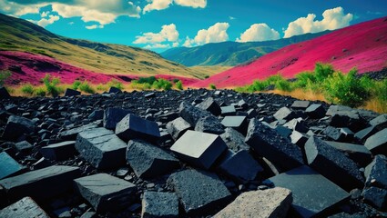 Aufkleber - Vibrant landscape featuring black stone ballast pieces contrasting with lush pink and green foliage under a bright blue sky.