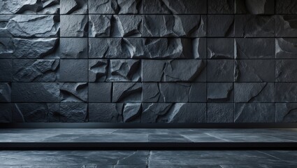 Poster - Textured black stone wall with deep relief patterns ideal for showcasing design elements and creating a dramatic backdrop in visuals.