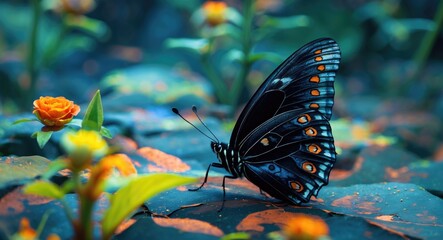 Poster - Elegant black butterfly resting amidst vibrant flowers on lush greenery in a serene garden setting