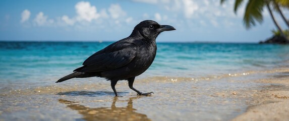 Aufkleber - Tropical sea scene featuring a black bird walking along the shoreline under clear blue skies and palm trees in a serene environment.