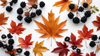 Aufkleber - Autumn foliage with vibrant maple leaves and black rowanberries on a clean white background showcasing seasonal beauty and color contrast